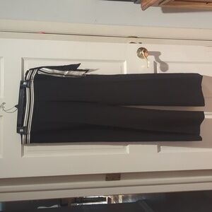 100% Wool Black Wide-Leg Pants with Striped Ribbon Waistband